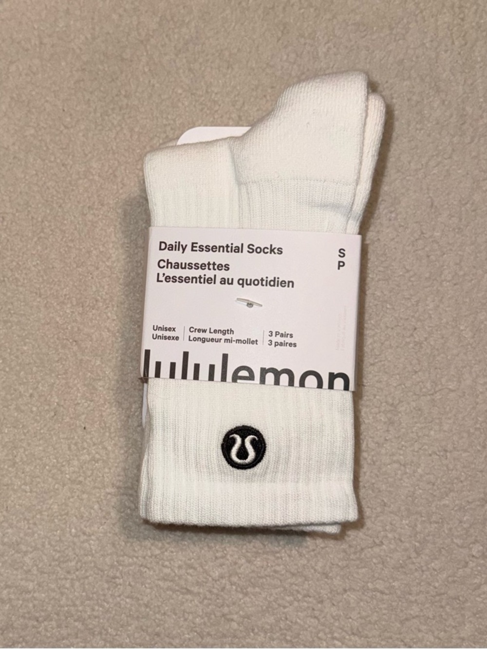 Lululemon Daily Essential Socks Crew Length 3- White